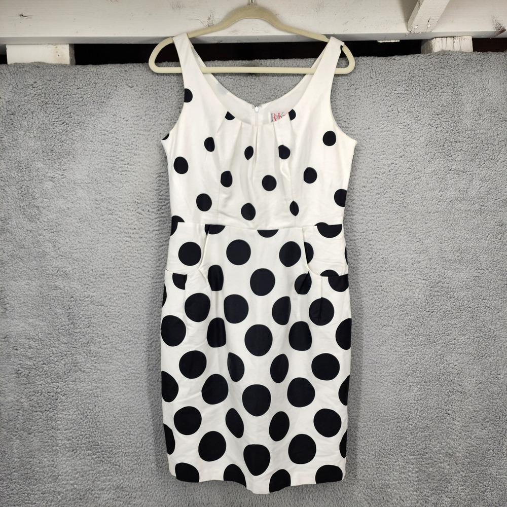 R&K Originals Womens Polka Dot Sheath Dress White Black Sleeveless Pockets Sz 10